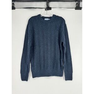 Seawool Wellen Fisherman Sweater Mens Medium Wool Navy Blue Cable Knit Crewneck